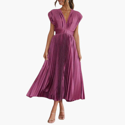 Vestido Midi Mujer Cuello en V Falda Plisada con Vuelo