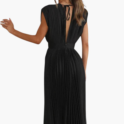 Vestido Midi Mujer Cuello en V Falda Plisada con Vuelo