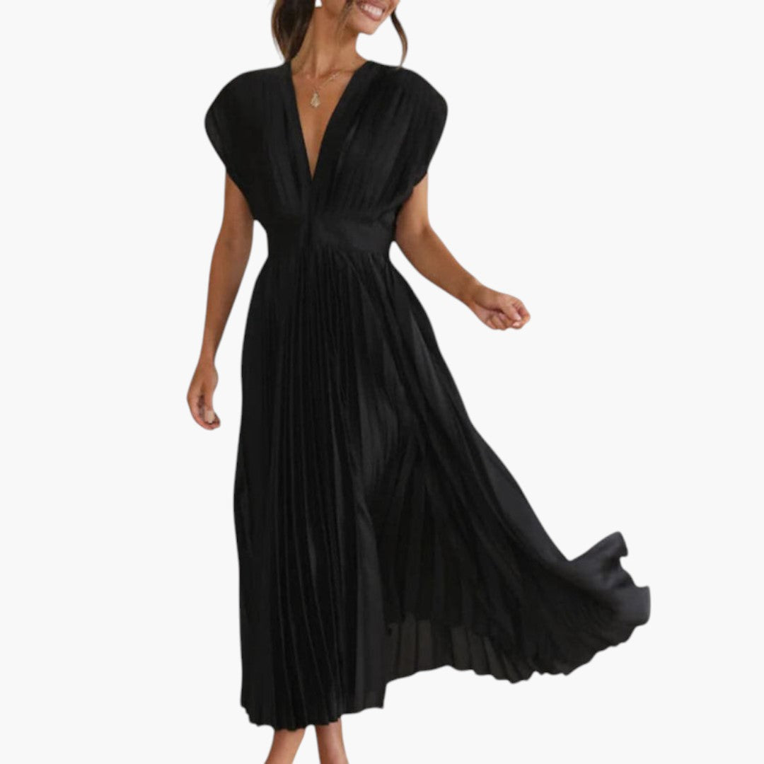 Vestido Midi Mujer Cuello en V Falda Plisada con Vuelo