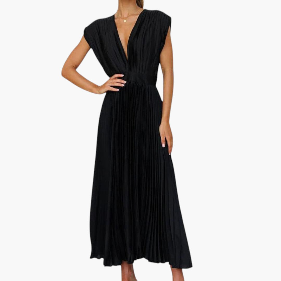 Vestido Midi Mujer Cuello en V Falda Plisada con Vuelo - Mavetta