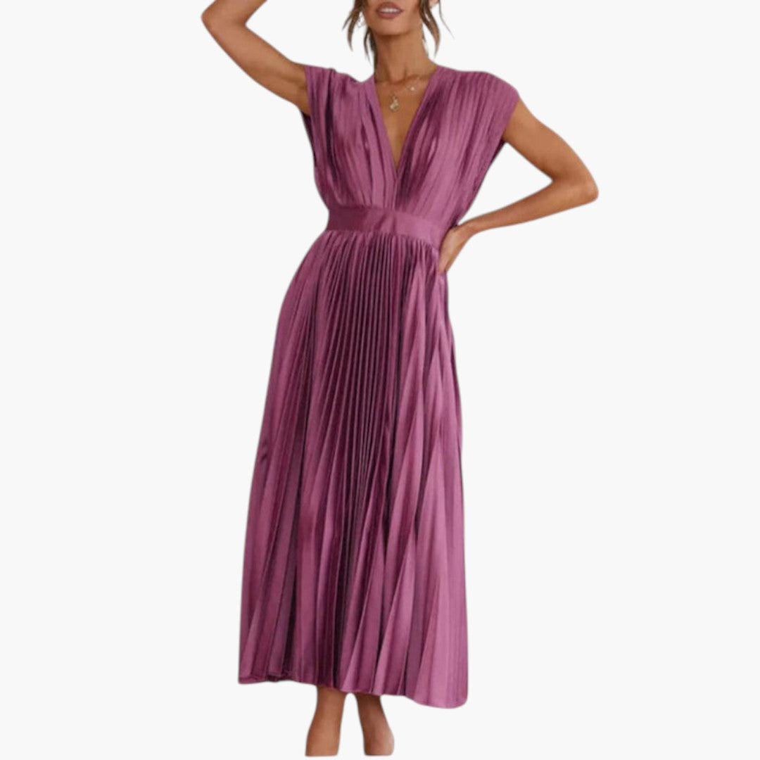 Vestido Midi Mujer Cuello en V Falda Plisada con Vuelo