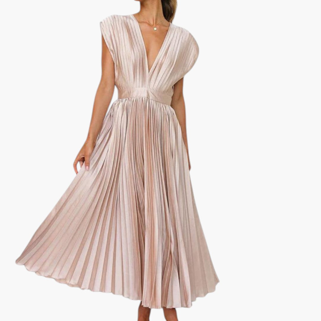 Vestido Midi Mujer Cuello en V Falda Plisada con Vuelo