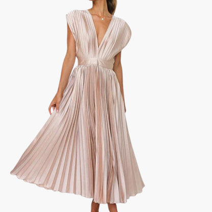 Vestido Midi Mujer Cuello en V Falda Plisada con Vuelo