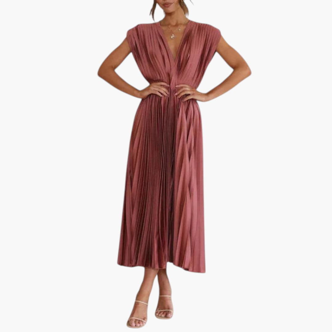 Vestido Midi Mujer Cuello en V Falda Plisada con Vuelo