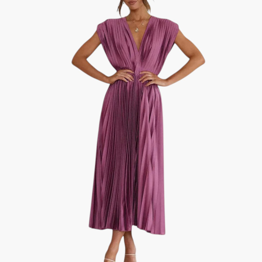 Vestido Midi Mujer Cuello en V Falda Plisada con Vuelo