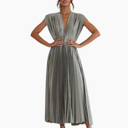 Vestido Midi Mujer Cuello en V Falda Plisada con Vuelo