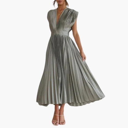 Vestido Midi Mujer Cuello en V Falda Plisada con Vuelo