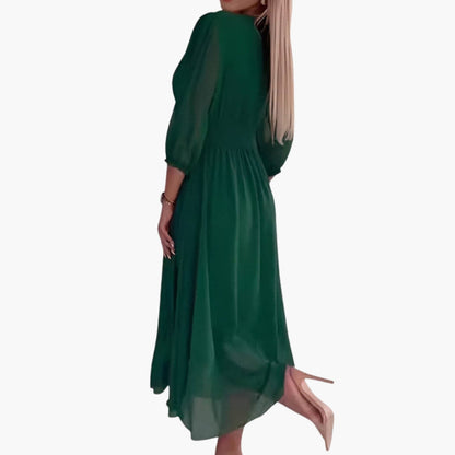 Vestido Midi Mujer de Gasa Cuello en V Manga Tres Cuartos