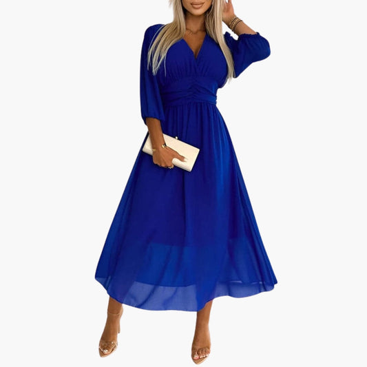 Vestido Midi Mujer de Gasa Cuello en V Manga Tres Cuartos - Mavetta