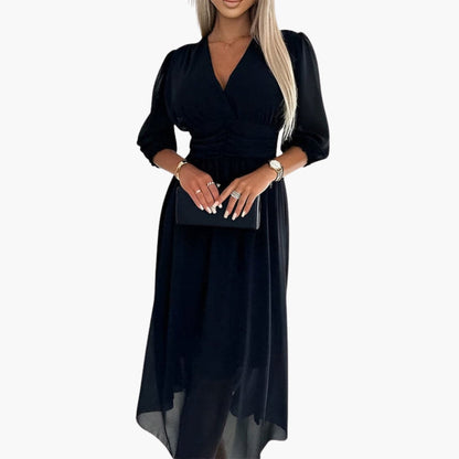 Vestido Midi Mujer de Gasa Cuello en V Manga Tres Cuartos