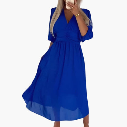 Vestido Midi Mujer de Gasa Cuello en V Manga Tres Cuartos