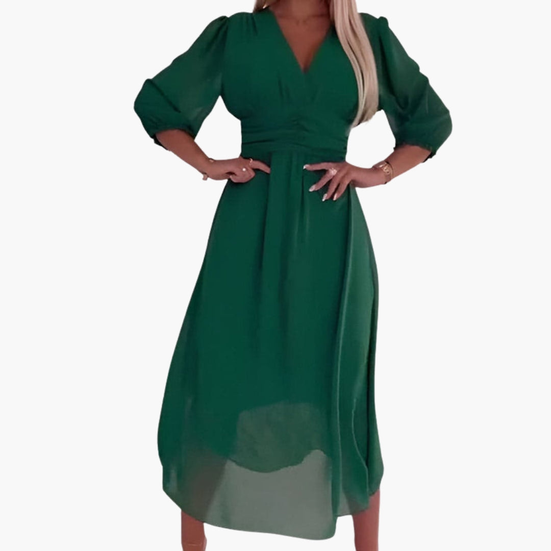 Vestido Midi Mujer de Gasa Cuello en V Manga Tres Cuartos