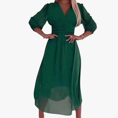 Vestido Midi Mujer de Gasa Cuello en V Manga Tres Cuartos