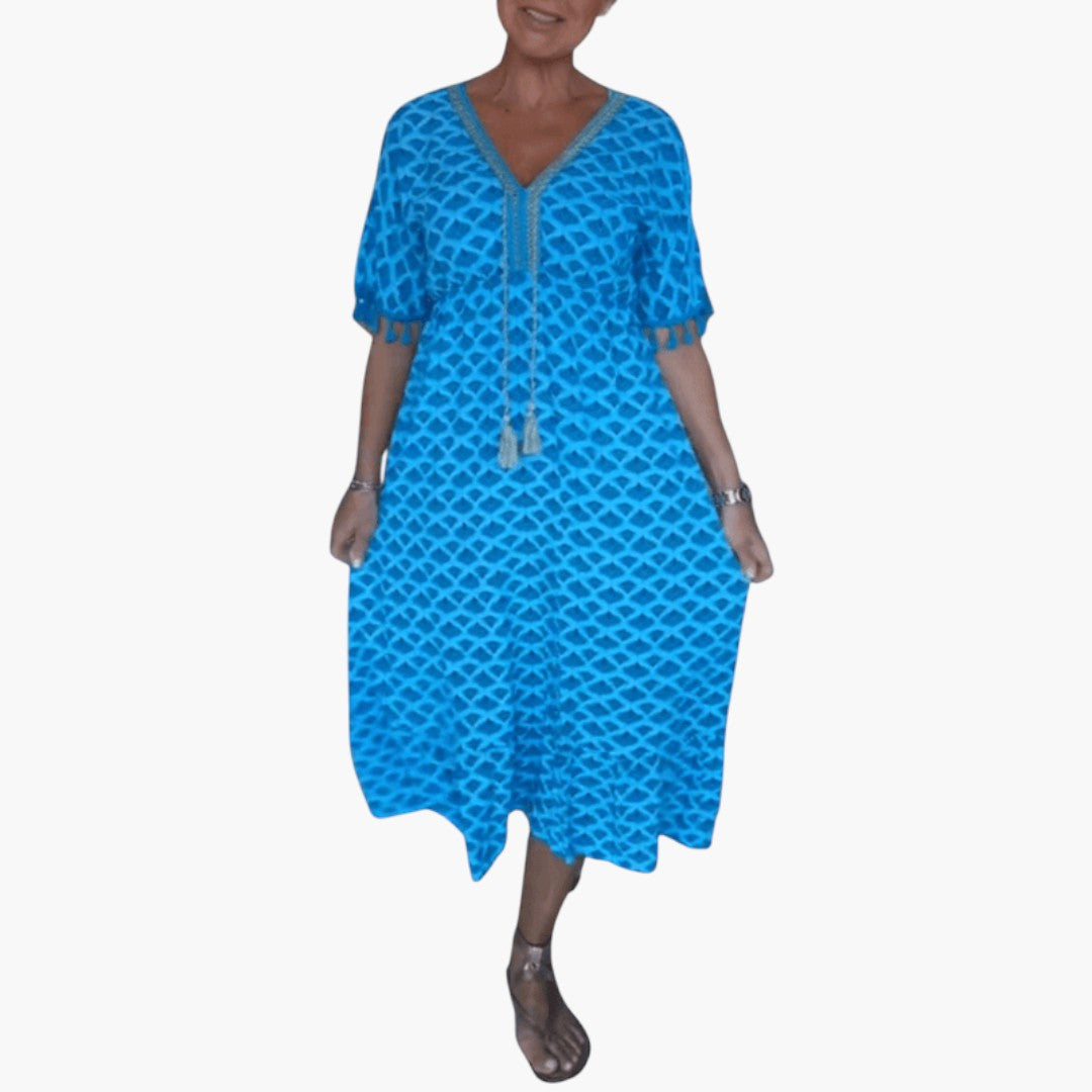 Vestido Midi Mujer Gasa Cuello en V Estilo Bohemio