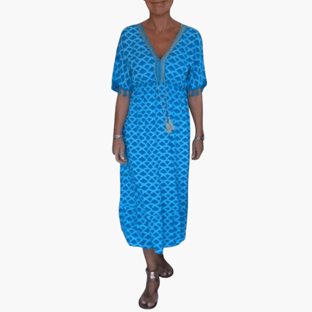 Vestido Midi Mujer Gasa Cuello en V Estilo Bohemio