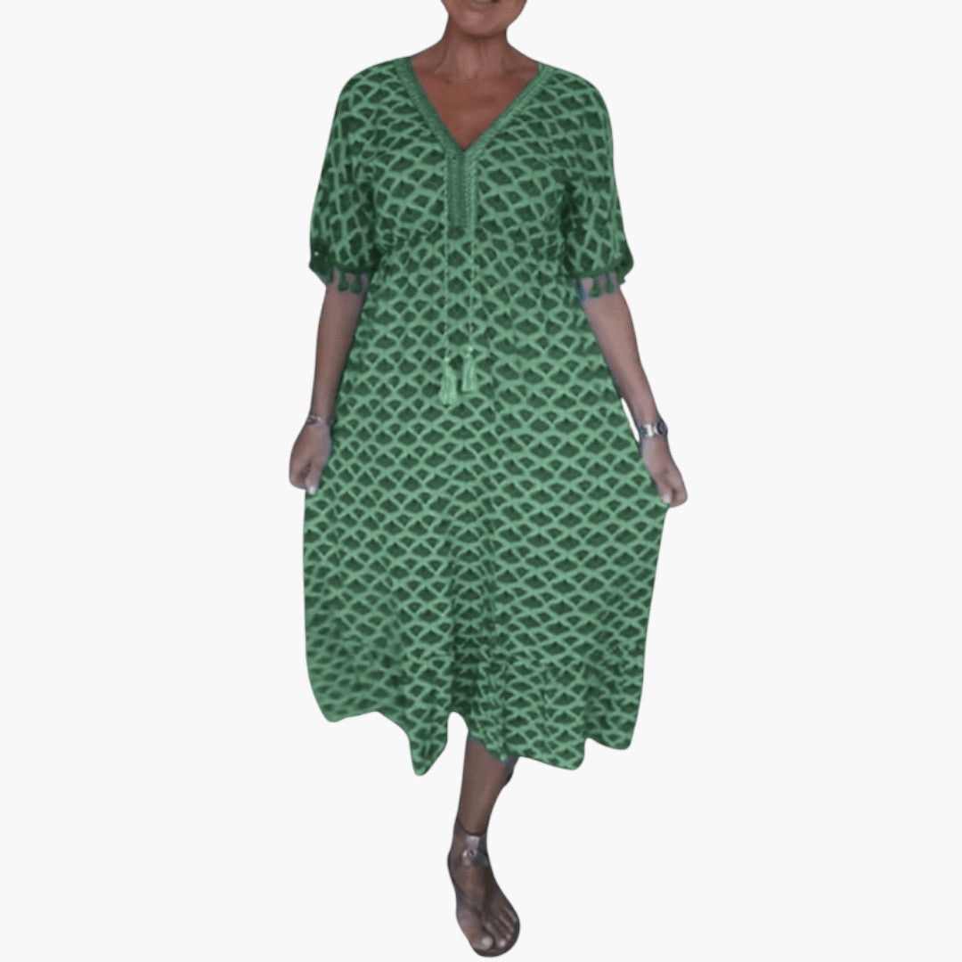 Vestido Midi Mujer Gasa Cuello en V Estilo Bohemio