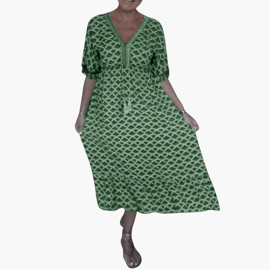 Vestido Midi Mujer Gasa Cuello en V Estilo Bohemio