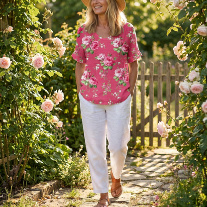 Camiseta Mujer de Algodón Floral Manga Corta