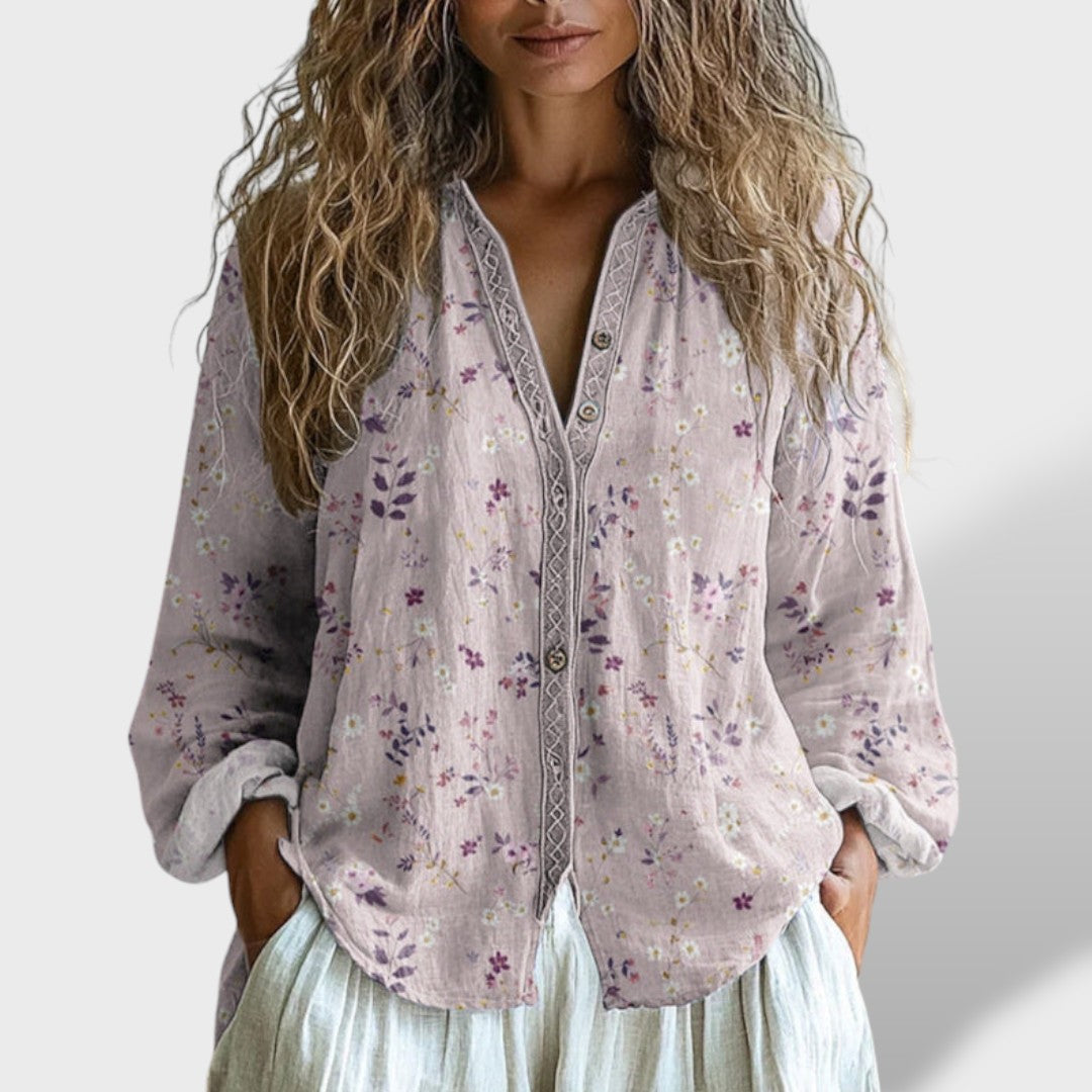 Blusa Mujer Vintage Estampado Hojas Ajuste Suelto