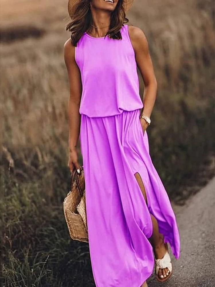 Vestido maxi mujer sin mangas abertura lateral elegante