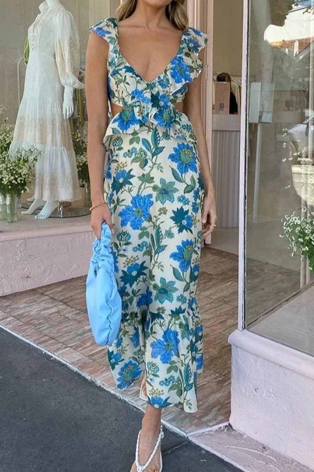 Vestido maxi mujer con volantes y estampado floral elegante