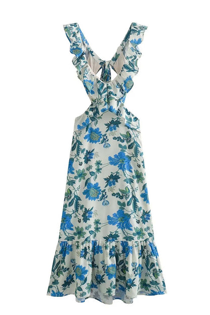Vestido maxi mujer con volantes y estampado floral elegante