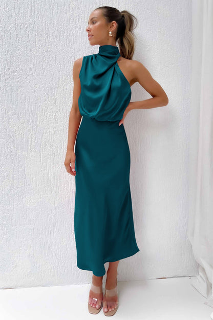 Vestido noche Mujer cuello halter corte fluido