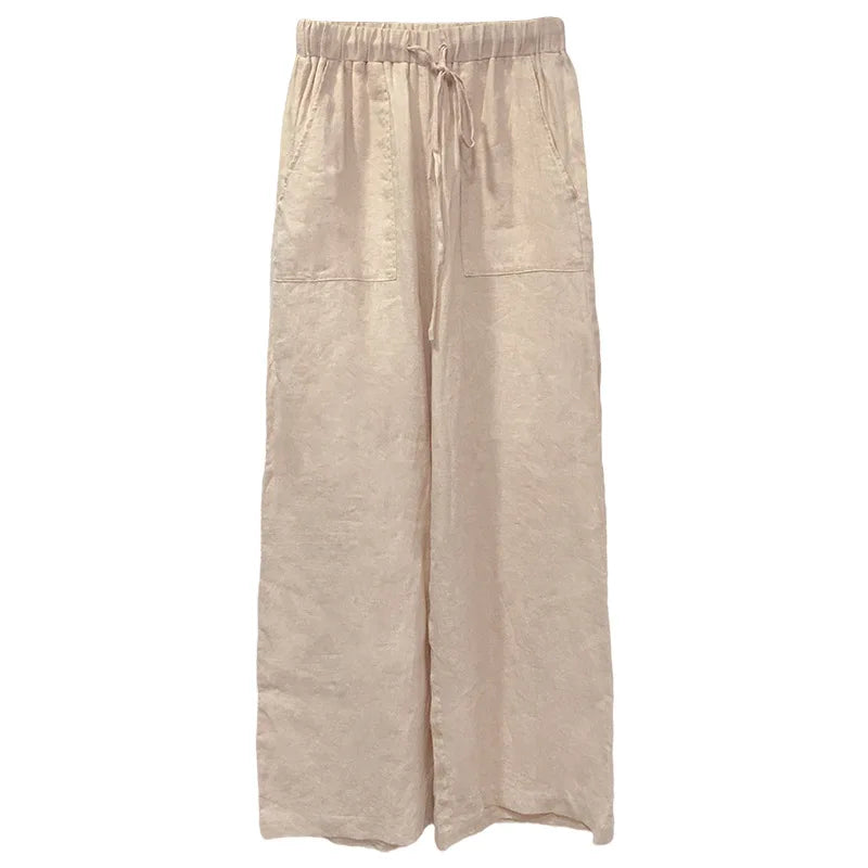 Pantalones Mujer de Lino Cordón Ajustable Bolsillos de Parche
