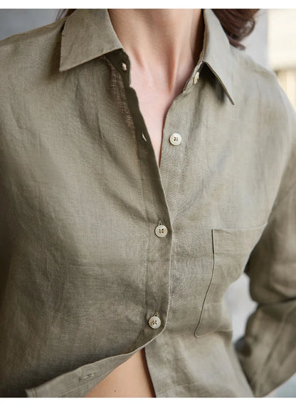 Sobrecamisa Mujer de Lino Corte Oversize Cuello en V y Botones