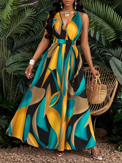 Vestido maxi mujer con cuello en V y estampado abstracto