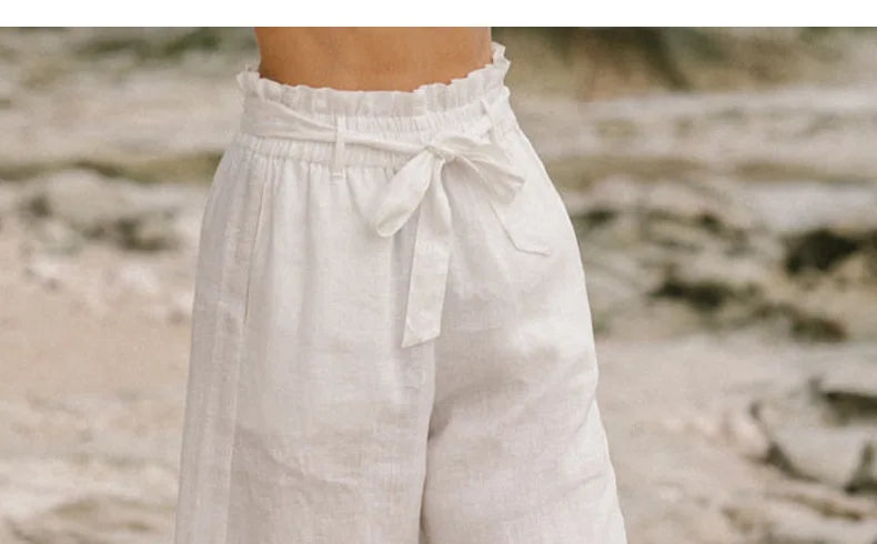 Pantalones Mujer de Lino Pierna Ancha Cintura Elástica Lazo