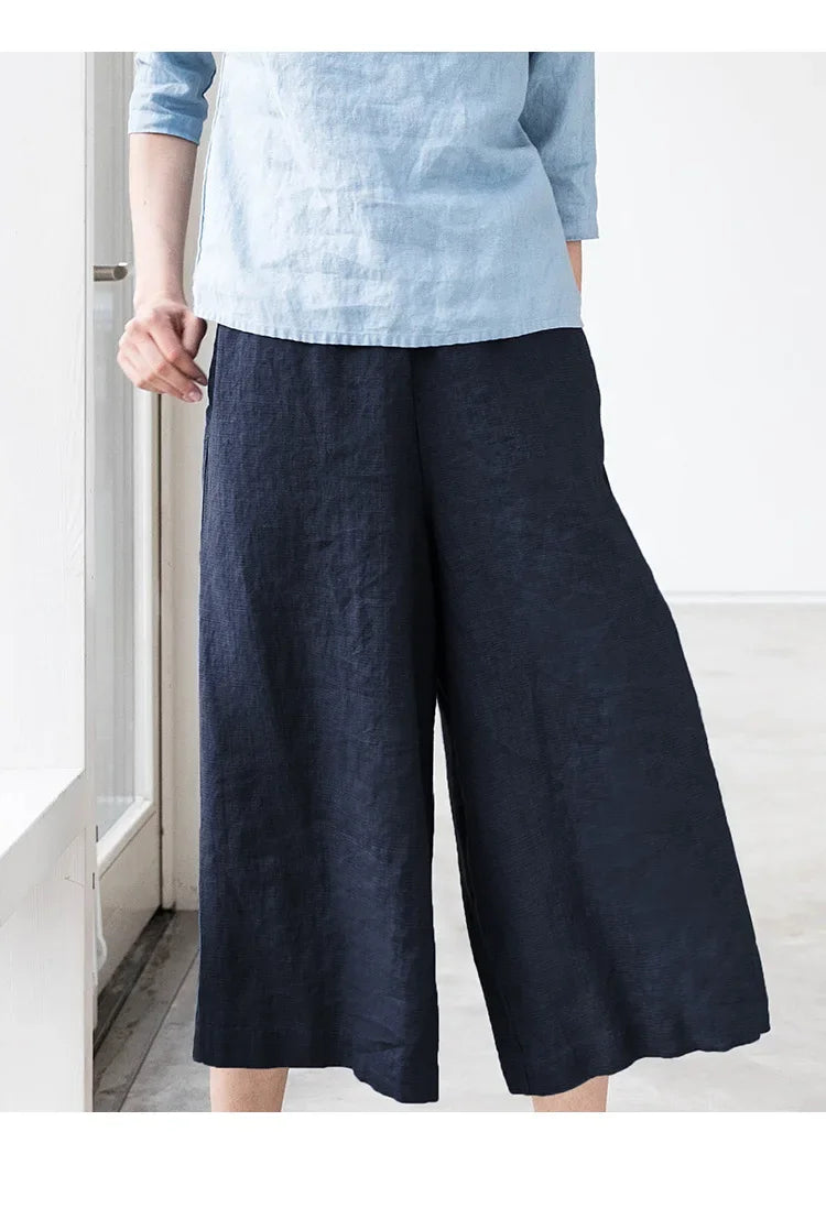 Pantalones Mujer de Lino Pierna Ancha Cintura Elástica Corte Tobillo