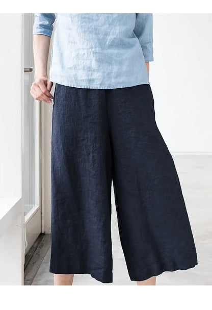 Pantalones Mujer de Lino Pierna Ancha Cintura Elástica Corte Tobillo