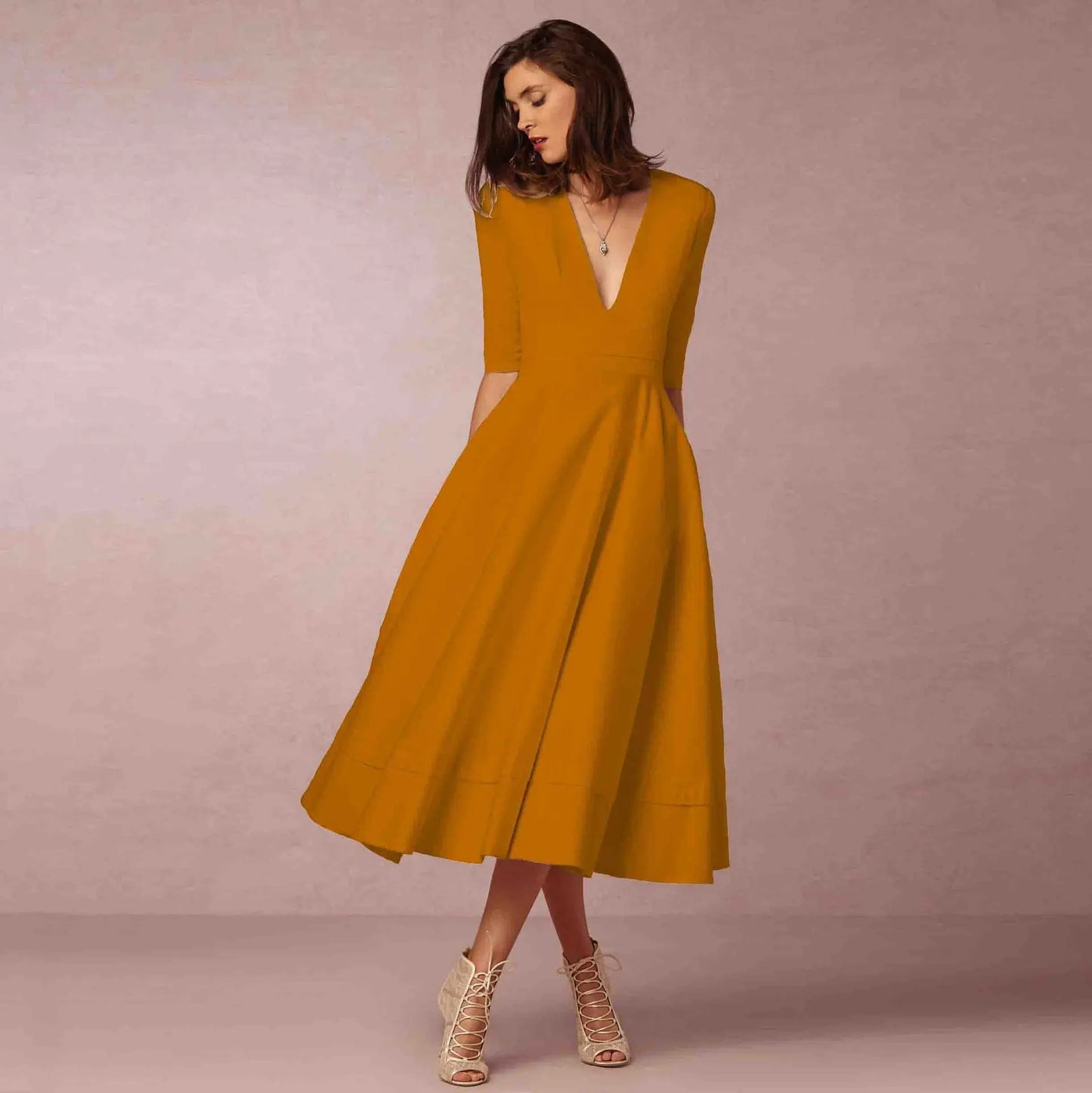 Vestido midi mujer Escote en V Mangas al Codo