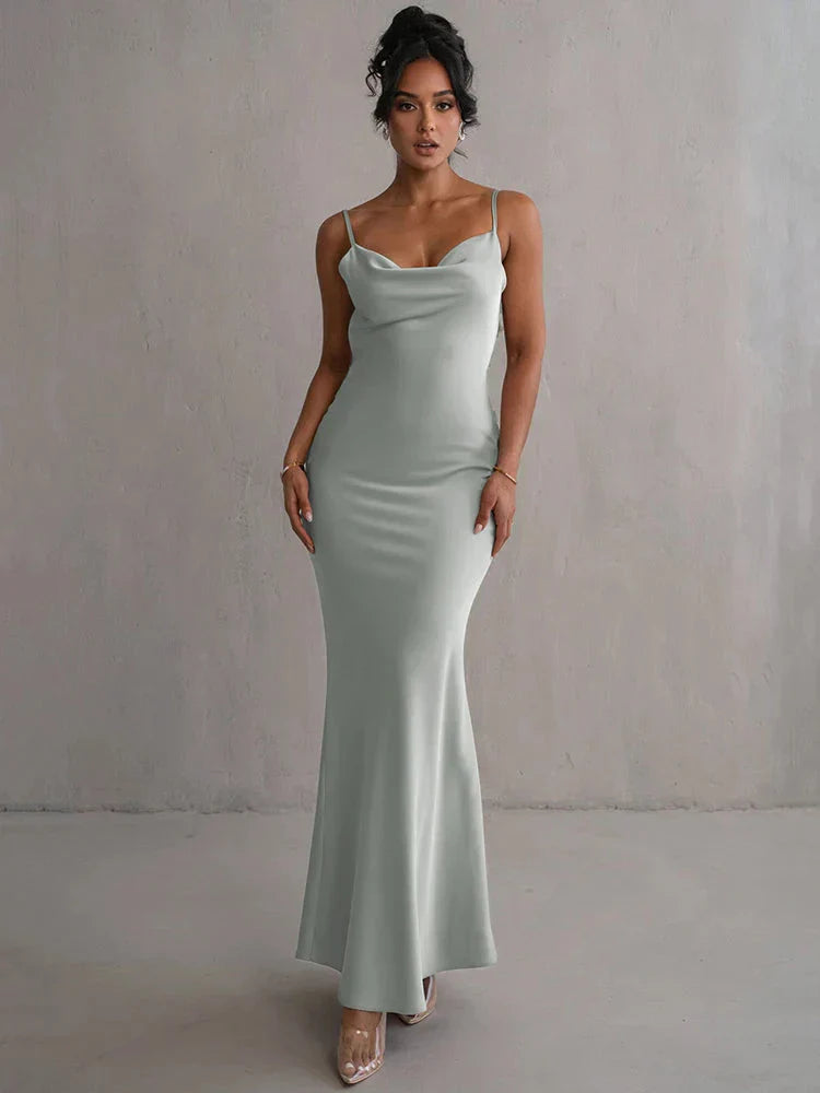 Vestido maxi mujer de satén con cuello cascada