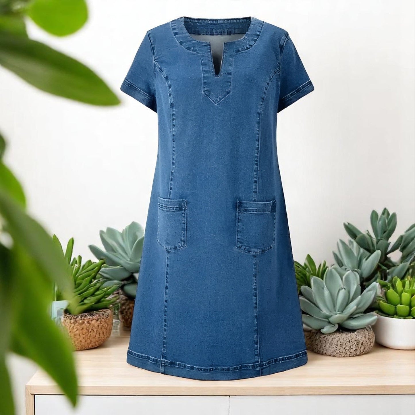 Vestido Mujer Denim Bolsillos Casual Escote en V Corto