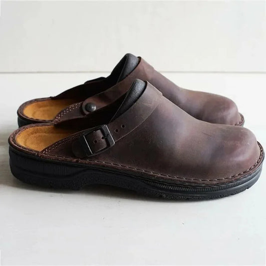 Mules hombre de cuero envejecido punta cerrada hebilla suela gruesa - Mavetta