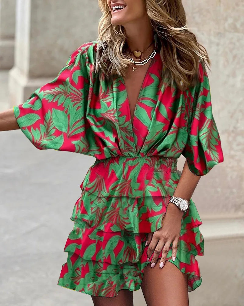 Vestido mini mujer con estampado bohemio y volantes