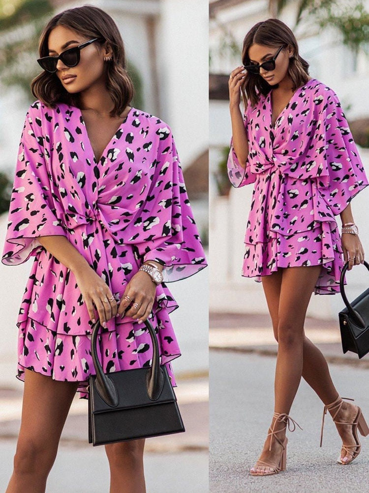 Vestido mini mujer Estampado floral Escote en V Mangas largas