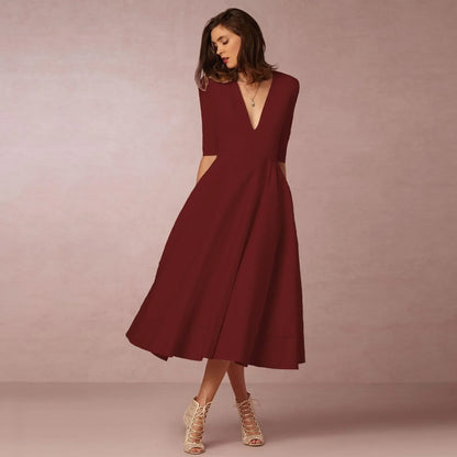 Vestido midi mujer Escote en V Mangas al Codo