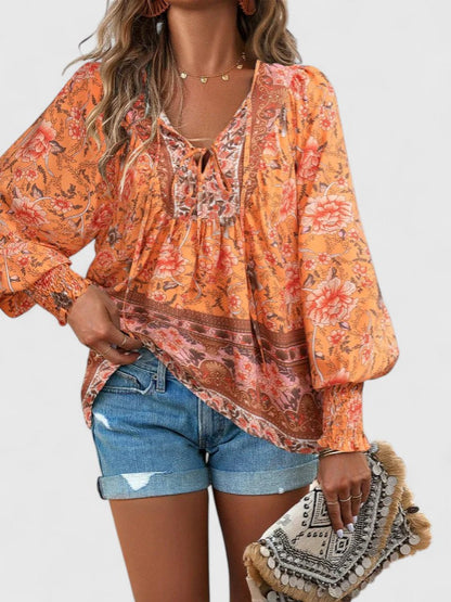Blusa Mujer Manga Larga Estilo Bohemio Estampado Floral