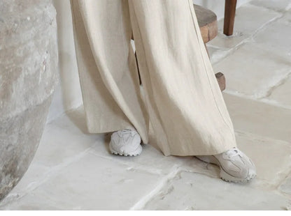Pantalones Mujer de Lino Pierna Ancha Cintura Elástica Lazo