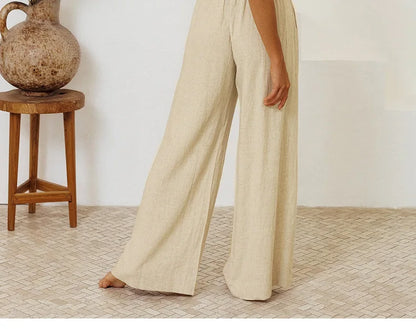 Pantalones Mujer de Lino Pierna Ancha Cintura Elástica Lazo