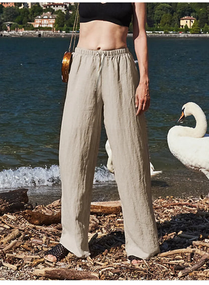 Pantalones Playa Mujer Mezcla de Lino y Algodón Pierna Ancha