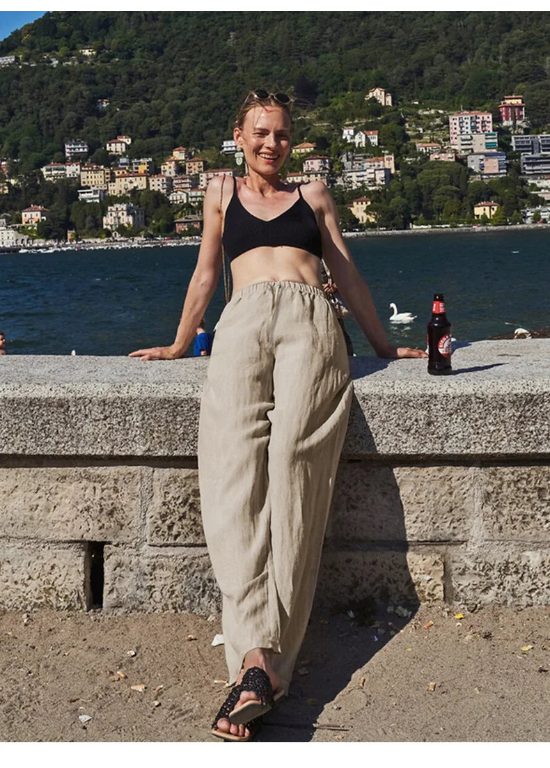 Pantalones Playa Mujer Mezcla de Lino y Algodón Pierna Ancha