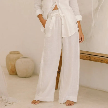 Pantalones Mujer de Lino Pierna Ancha Cintura Elástica Lazo