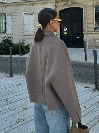 Chaqueta Corta Mujer Mezcla de Lana Cuello Solapa Mangas Oversize