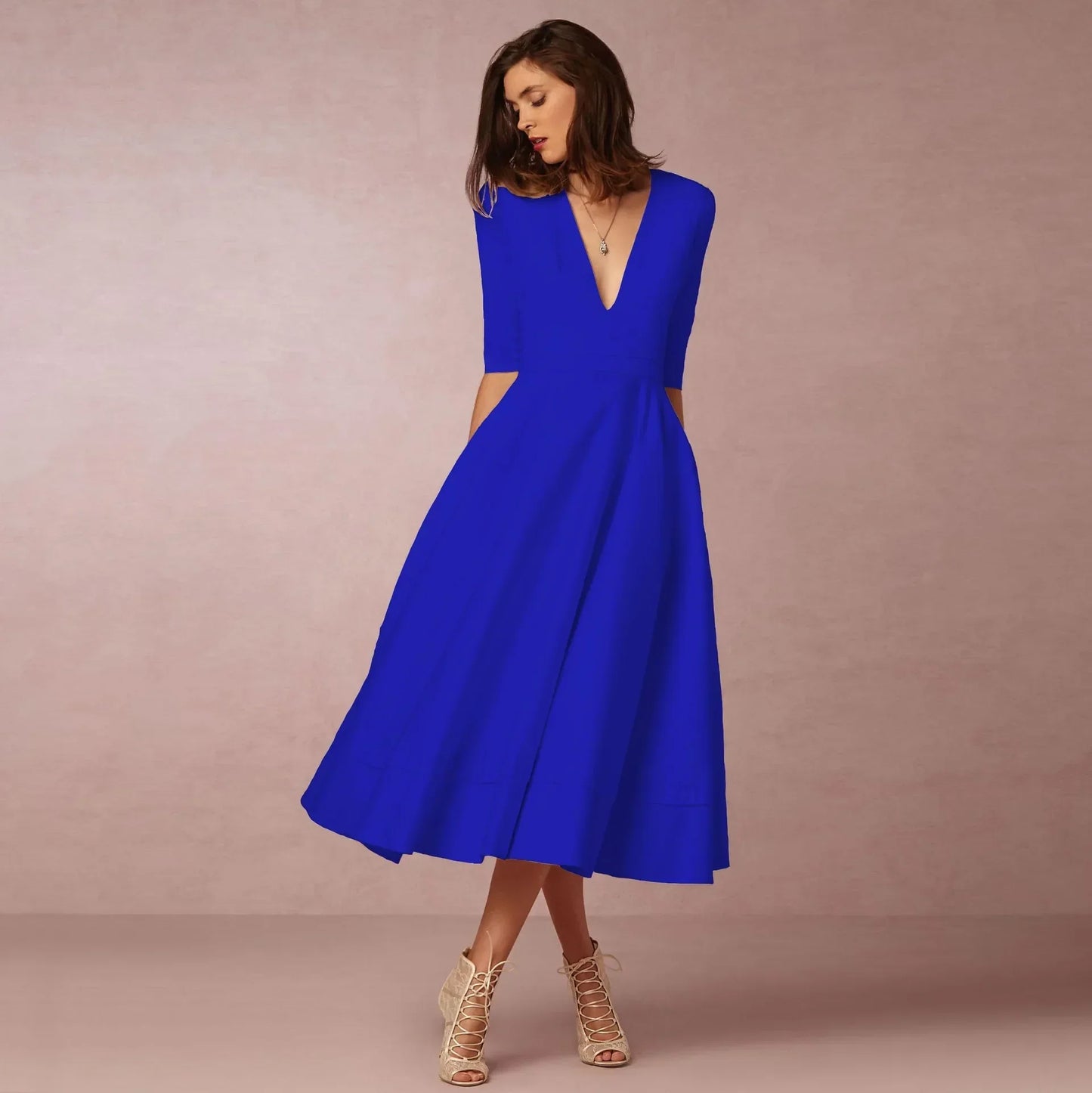 Vestido midi mujer Escote en V Mangas al Codo
