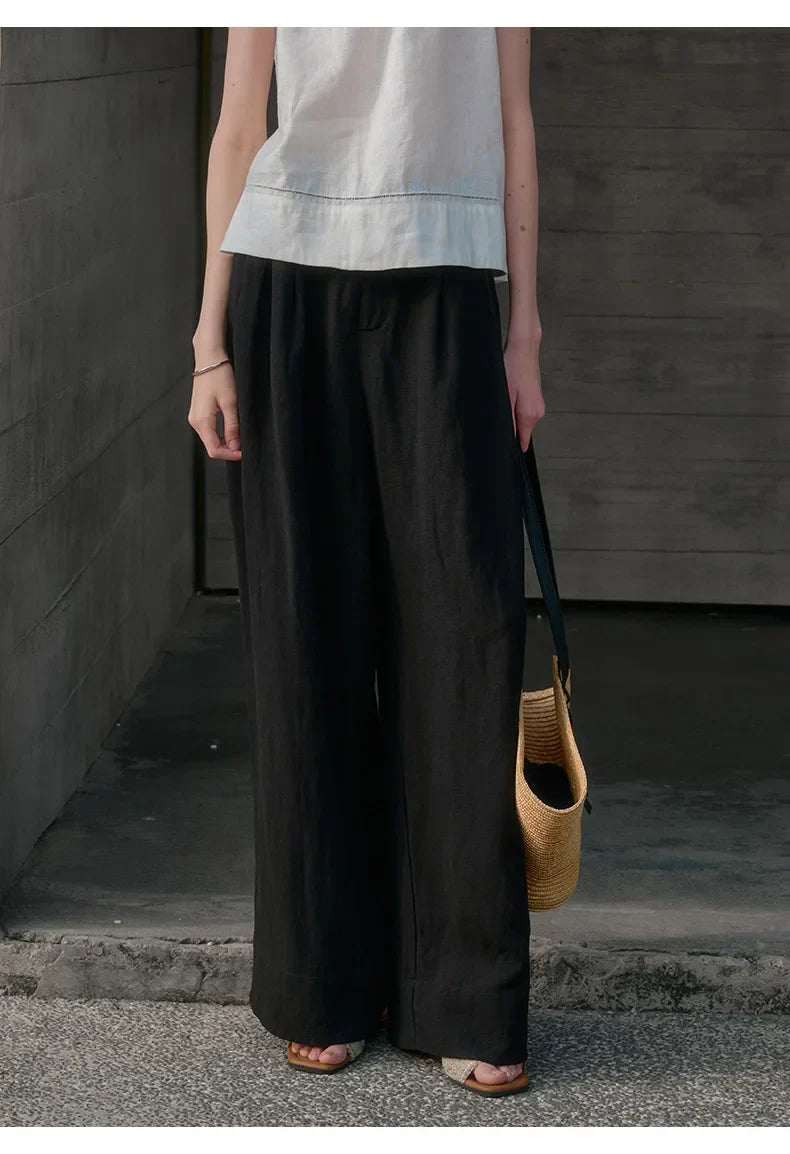 Pantalones Mujer de Lino Pierna Ancha Cintura Alta Elástica