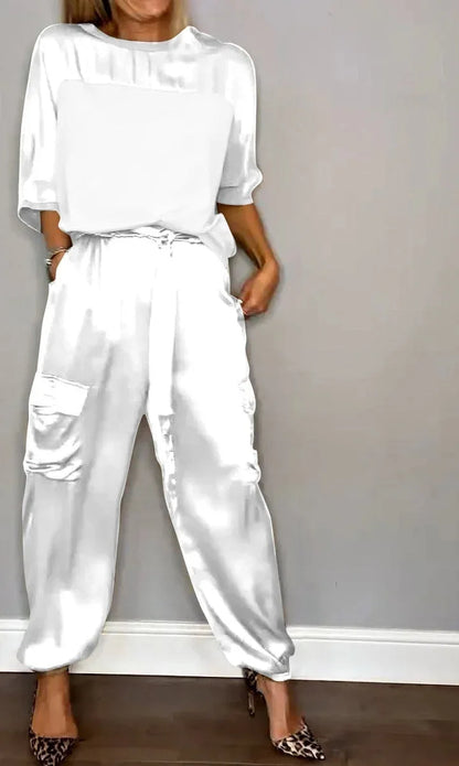Conjunto Mujer Satén Suelto y Pantalón Cargo
